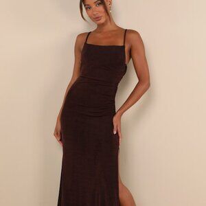 Lulus Complete Catch Brown Backless Lace Ruched Maxi Dress - Size L